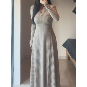 plus Size Knitted Long Dress Womens Autumn Winter Slimming Waist High Waist Button up Half Open Neck Base Layer Dress