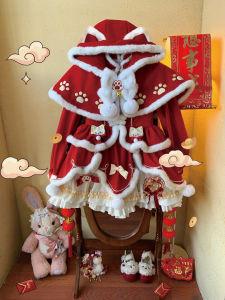 Red Fleece-Lined New Year Original Design Cat Dress Cute Lolita Skirt Anime Themed War Robe Collectible Figure Bubble Bear