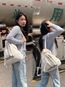 Busan Diary Large Capacity Student Backpack Ooahz Embroidered Letter Drawstring Canvas Shoulder Bag Soft Bucket Shape Bucket Bag