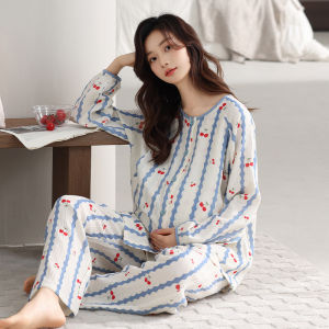 MiiOW | Pure Cotton Sleepwear Womens Postpartum Thin Summer Home Clothes Maternity Nursing Chest Pad Long Sleeve Button Neck Design