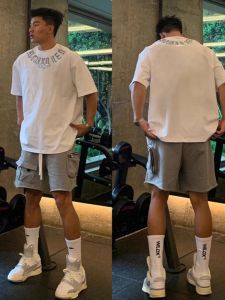 Trendy Hip Hop Cotton Short Sleeve Mens T-shirt Loose Fit Casual Versatile Summer Top Geometric Print American Leisure Style