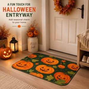 VIKAMA Dark Green Pumpkin Maple Leaf Halloween Mat Soft Water Absorbent Doormat Bedroom Bathroom Welcome Anti Slip Rug