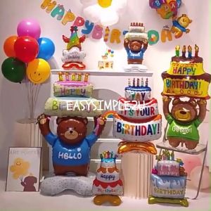 (1Piece) Large Size Happy Birthday Cake Cupcake Present Gift 3D Bear Hot Air Balloon Candle Foil Balloon Wall Decoration - Reusable Cartoon Balloons with Self-Sealing - Perfect Party Decoration