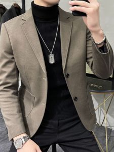 เสื้อสูทผ้าวูลสีล้วนเสื้อโค้ทผู้ชายเสื้อเข้ารูปลำลองแนวธุรกิจดูแพงสำหรับฤดูใบไม้ร่วงและฤดูหนาวเสื้อสูทตัวเดียวผู้ชายหล่อเท่ฮิต