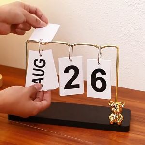 【Free Sticker】Cartoon Bear Wooden Calendar Portable Wooden Desk Flip Calendar Schedule Home Desktop Office Decor Calendar