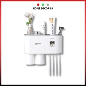 Bộ Nhả Kem Đánh Răng Tự Động 2 Cốc OENON Kệ Đựng Đồ Nhà Tắm Thông Minh Kệ Bàn Chải Dán Tường Nhựa ABS Cao Cấp Tặng Miếng Dán Decor