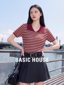 Basic House | Vintage Stripe Polo Collar Short Sleeve Knit Top