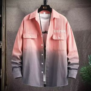 Loose Fit Long Sleeve Workwear Shirt for Men Casual American Style Shirt with Pocket Trendy Spring Autumn Gradual Color Shirt