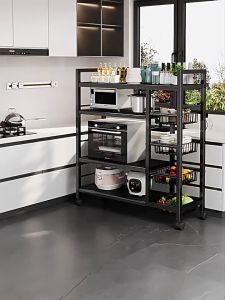 Kitchen Vegetable Basket Shelf with Wheels 304 Stainless Steel Storage Rack Floor Multi Layer Sideboard Vegetable Fruit Spice Storage Shelf Adjustable Height Microwave Oven Shelf