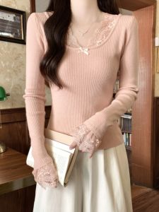 เสื้อสเวตเตอร์คอวีแขนยาวผ้าลูกไม้ไซส์ใหญ่สำหรับผู้หญิง เสื้อถักทรงเข้ารูป ฤดูใบไม้ผลิและฤดูใบไม้ร่วง เสื้อคลุมกันหนาวแบบลำลอง