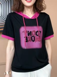 QIAOXIZI | Fashionable Youthful Summer Ladies Short Sleeve T-shirt with Hood and Rhinestones