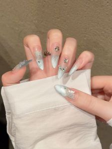 Ice Transparent Mint Cat Eye Nail Tips Wearable Luxury Feel Small Butterfly with Diamond Glass Bead Whitening False Nails