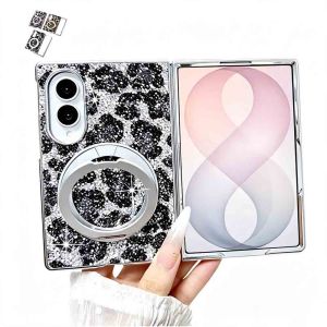 Leopard Glitter Case for Samsung Galaxy Z Fold8 Ultra/Z Fold8/Z Fold7/Z Fold6 Hard PC Leopard Print Cover with Kickstand Shockproof Aesthetic Protective Phone Case for Women