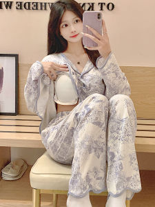 Pure Cotton Sleepwear Set with Chest Pad Womens Spring Autumn Long Sleeve Casual Open Cardigan Home Clothes Sweet Style