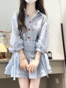 Korean Style Shirt Dress with Pleated Stripes And Flounce Hem Waist-Cinching Winter New Arrival Womens Fashion Dress