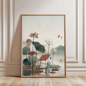 Japanese Lotus Art Print Minimalist Zen Wall Art Vintage Botanical Poster Asian Inspired Home Serene Nature Illustrati