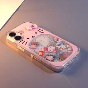 Adorable Pink Sand Flowing Kt Cat Phone Case Silicone Acrylic Anti-fall Protection for  16 New Cartoon 14 Models 13 Personalized Girls Heart