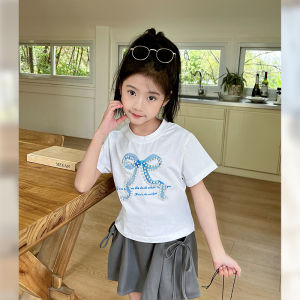 Fashionable Mini Pearl Butterfly Knot Short Sleeve T-Shirt for Girls Summer New Arrival Korean Style Loose Fit Breathable