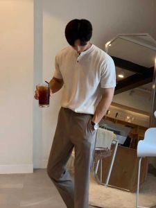Slim Fit Henry Collar T-Shirt Mens Korean Style Thin Ice Silk Knitted Base Shirt Fashionable Commute White Half Sleeve Shirt