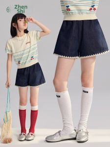 iplant | Quần Short Jeans Dây Đàn Hồi Thắt Lưng Đùi Rộng Viền Sóng Cho Nữ Trẻ