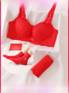 Ladies Red Wedding Bra Set Festive Underwear Womens Innerwear Gathered U-Neck Design Removable Double Straps Lace Edge