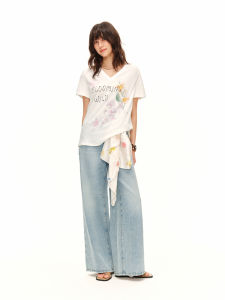 DUSHU | Split Custom Natural Print V-Neck T-Shirt Summer New Loose