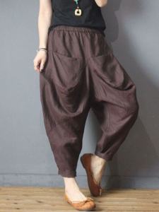 Spring Summer New Cotton Linen Elastic Waist Harem Pants Women Fashion Casual Personality Carrot Lantern Pants Draped Nine Points Pants