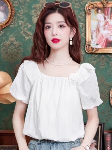 WANGGONGZHU | French Style Floral Short Sleeve Chiffon Shirt Women Summer Loose Sweet Short Top Bubble Sleeve Square Collar Solid Color
