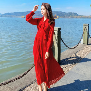 ชุดเดรสยาวแขนยาวสีแดง Rsemnia สำหรับผู้หญิง ชุดเดรสยาวสไตล์ฝรั่งเศส ชุดไปเที่ยวชายหาด ชุดเดรสยาวปานกลาง ชุดทำงานฤดูใบไม้ร่วง