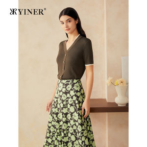 Elegant Contrast Color V-Neck Acetate Blended Wool Knit Top