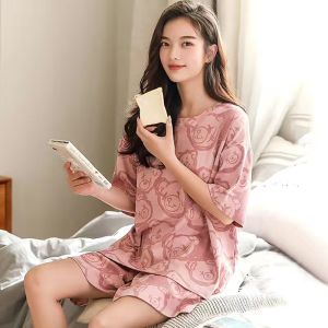 Womens Pajamas Summer Thin Pure Cotton Short Sleeve Shorts Summer Cotton 2024 New Arrival Can Be Outerwear Homewear Suit