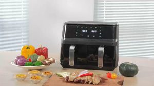 10L Air fryer หม้อทอดไร้น้ำมันขนาดใหญ่ สีดำ พร้อมตะกร้าทอดคู่ไม่ติดกระทะ หน้าจอสัมผัส ระบบโซนคู่ ตะกร้าทอดแยกอิสระ 2 ใบ ปรับอุณหภูมิและตั้ง หน้าจอ LCDความจุขนาดใหญ่พิเศษ 11โปรแกรมที่ตั้งไว้ล่วงหน้าดูหน้าต่าง หม้อทอดไร้น้ำมันแบบสองช่อง