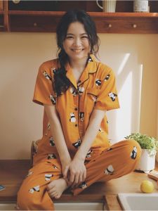 Cartoon Panda Summer Sleepwear Set Womens Loose Fit Cotton Pajamas Short Sleeve Long Pants Home Clothes Comfortable Nightgown