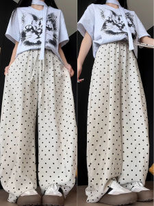 กางเกงลายจุดผ้าฝ้ายลินินทรงหลวมเอวสูงสำหรับผู้หญิงในช่วงฤดูร้อน กางเกงขายาวทรงหลวมสบาย ๆ ระบายอากาศได้ดี ทรงหลวม ทรงหลวม