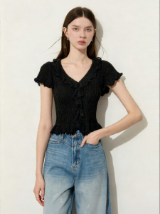 D-PLAY | Black V-neck Flounce Ruffle Sleeve Slim Knitted Top
