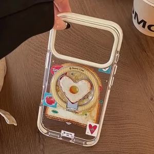 Potdemiel | Korean Toast Pattern With Fried Egg Love Heart Magnetic Bracket Phone Case for iPhone 17 16 15 14 13 12 Pro Max Shockproof Cover