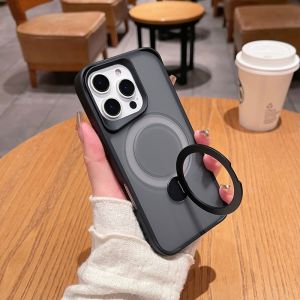 New Magnetic Suction Point Case for  16ProMax 15Pro Anti-Fall Transparent Frosted High-End Feel with Stand 360 Rotation Compatible for Men And Women