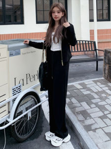 Casual Fashionable Sportswear Set Womens Spring Hooded Double Zipper Sweatshirt High Waist Wide Leg Pants Two Piece Set