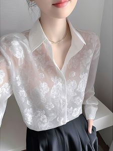 Áo Sơ Mi Trắng Nữ Dáng Ôm Cổ Polo Dài Tay Mùa Xuân 2025 Thiết Kế Kiểu Pháp Đơn Giản Thanh Lịch Chất Liệu Polyester