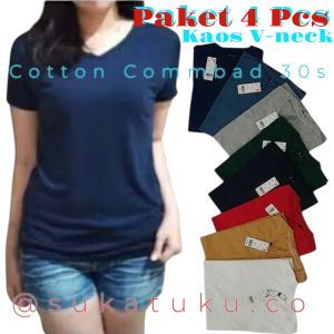Paket 4 Pcs - Kaos Cewek V-neck Lengan Pendek Polos Katun 30s Tebal Tidak Nerawang Adem Nyaman Atasan T-Shirt Wanita Dewasa