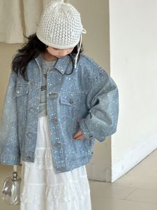 Girls Autumn Denim Jacket Loose Casual Top Heavy Embellished Design Korean Style Middle Large Childrens Fashionable Outerwear