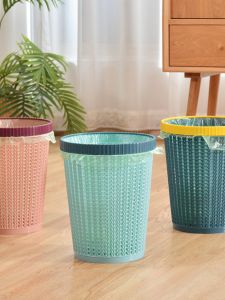 Small Size Plastic Uncovered Trash Can Cute Kitchen Bathroom Home Use Paper Basket with Compression Ring Hollow out Design
