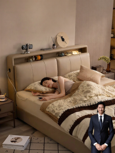 Minimalist Technology Fabric Double Bed with Storage Adjustable Headrest Soft-packed High Box Bed