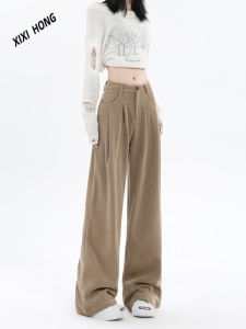 Khaki Corduroy Wide Leg Casual Pants Women Spring Autumn Loose Drapey Folded Design Straight Floor-Length Pants Korean Style