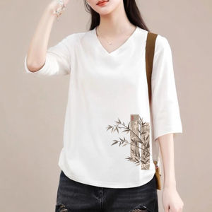 Export European Goods Export Big Sale 100% Pure Cotton Chicken Hearts V-neck 3/4 Sleeves Print T-Shirt Fashion Anti-Aging Casual Tops