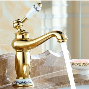 Bathroom Faucet Golden Ceramic Brass Washbasin Tap Gold Basin Sink Taps Deck Mounted Single Handle Cold and Hot Water Mixed Tap
