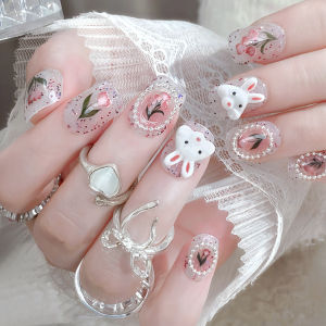 【With Glue】Ready Stock Female Fake Nail Tulip Rabbit Nail for Women and Girl Party Activity