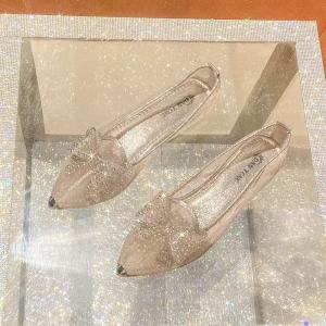 Womens Summer Pointed Toe Mesh Hollow Out Slip-Ons Mules Female Ballet Flats Soft Sole Non Slip Breathable Bow Rhinestone Fashionable Flat Shoes