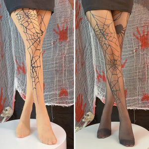 ถุงน่องลายแมงมุมคราสฮาโลวีน2024ถุงน่องสำหรับผู้หญิงแนวย้อนยุคใหม่สไตล์โกธิคพั้งค์เข้มพิมพ์ลายใยแมงมุมสีดำ