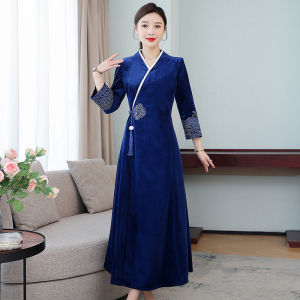 New Chinese Style Velvet Long Dress Womens Cheongsam Tea Ceremony Clothing Fall Season A-Line Skirt V-Neck Long Sleeve